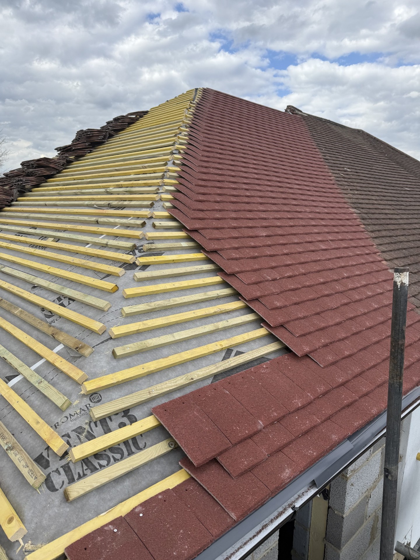 Battens and tiles during the roofing phase