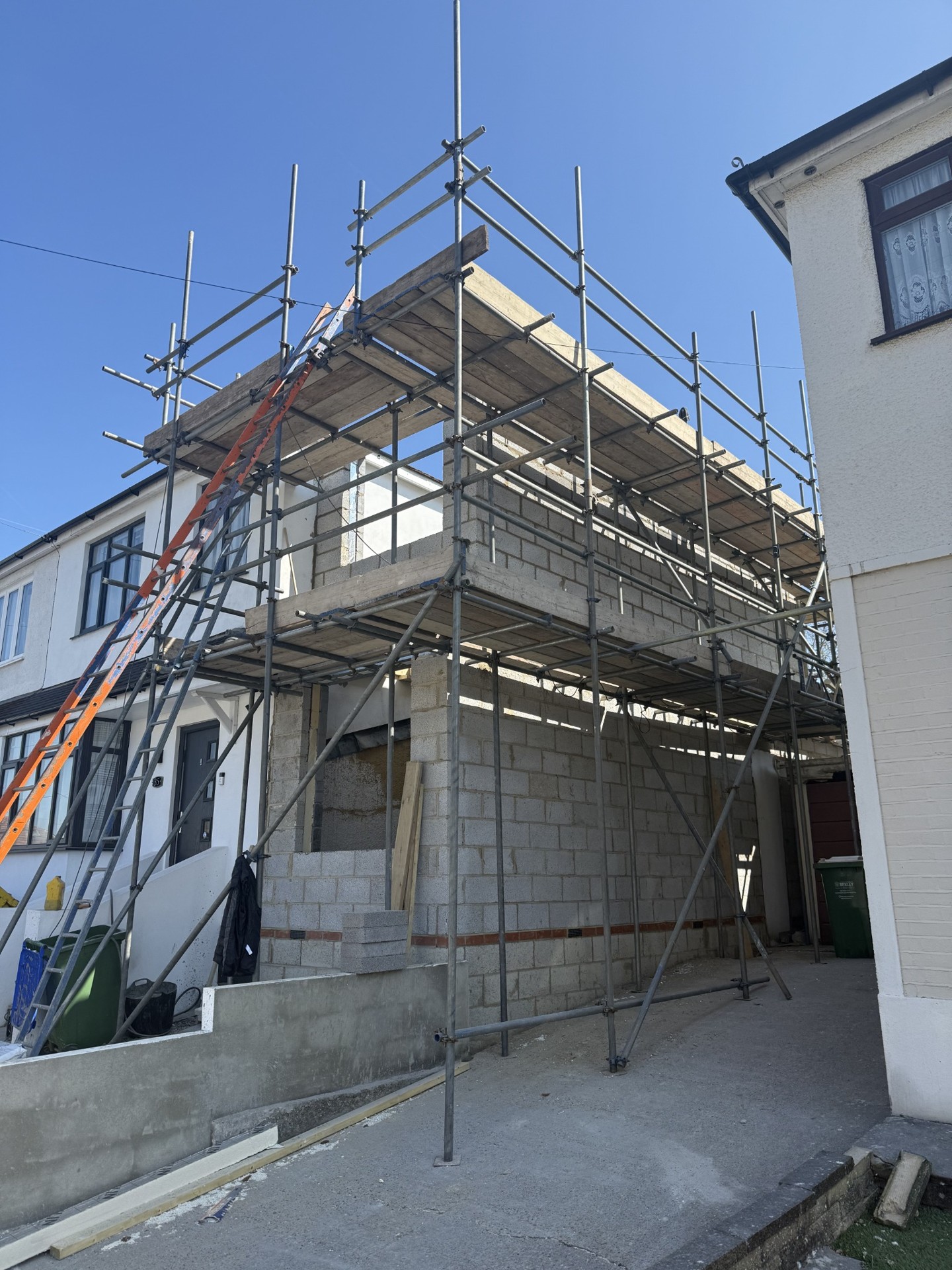 The two-storey structure under scaffolding